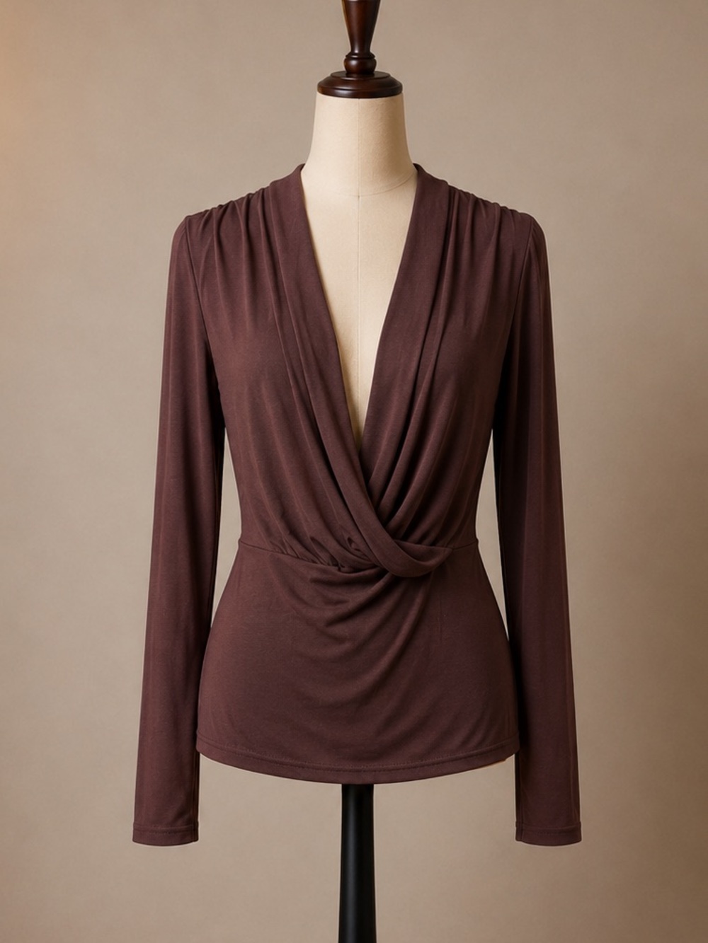 Women's Brown Draped Surplice Long-Sleeve Top - Picture 1 of 5